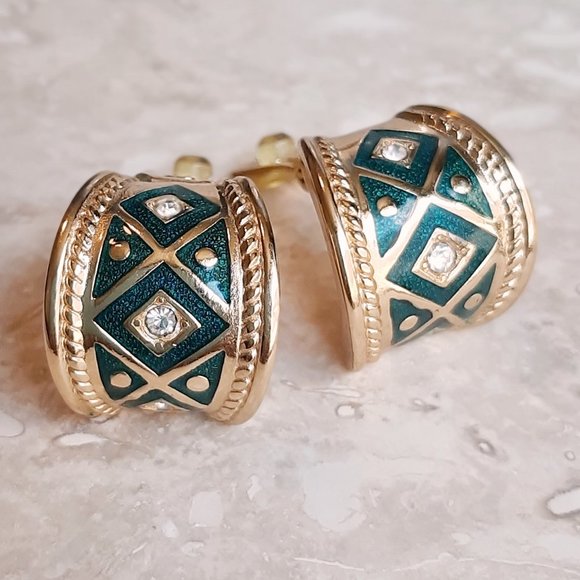VTG Burberry Signed Burberrys Gold Tone & Green Clear Stone Clip On Earr… - Picture 7 of 10